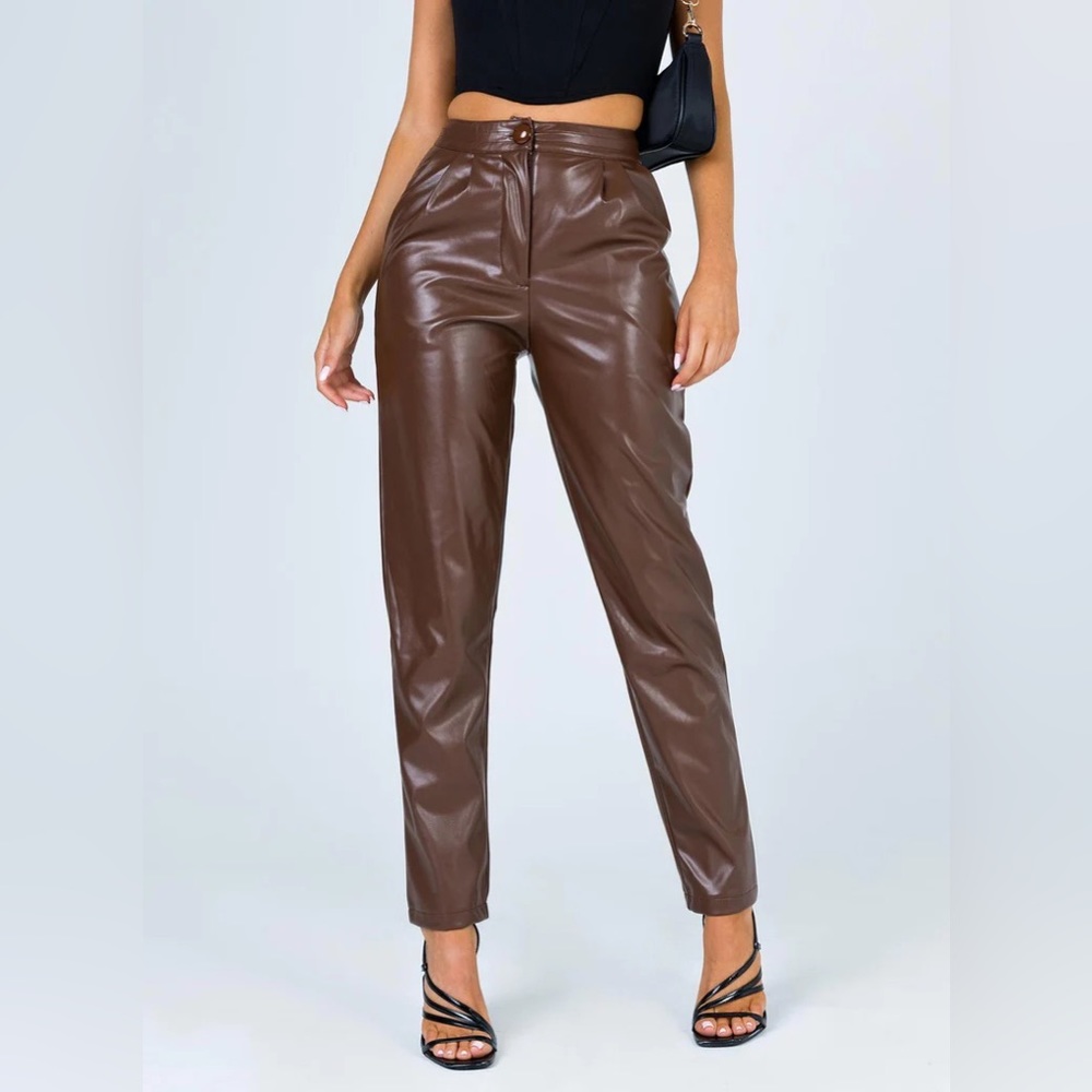 Princess Polly pleated brown leather pants